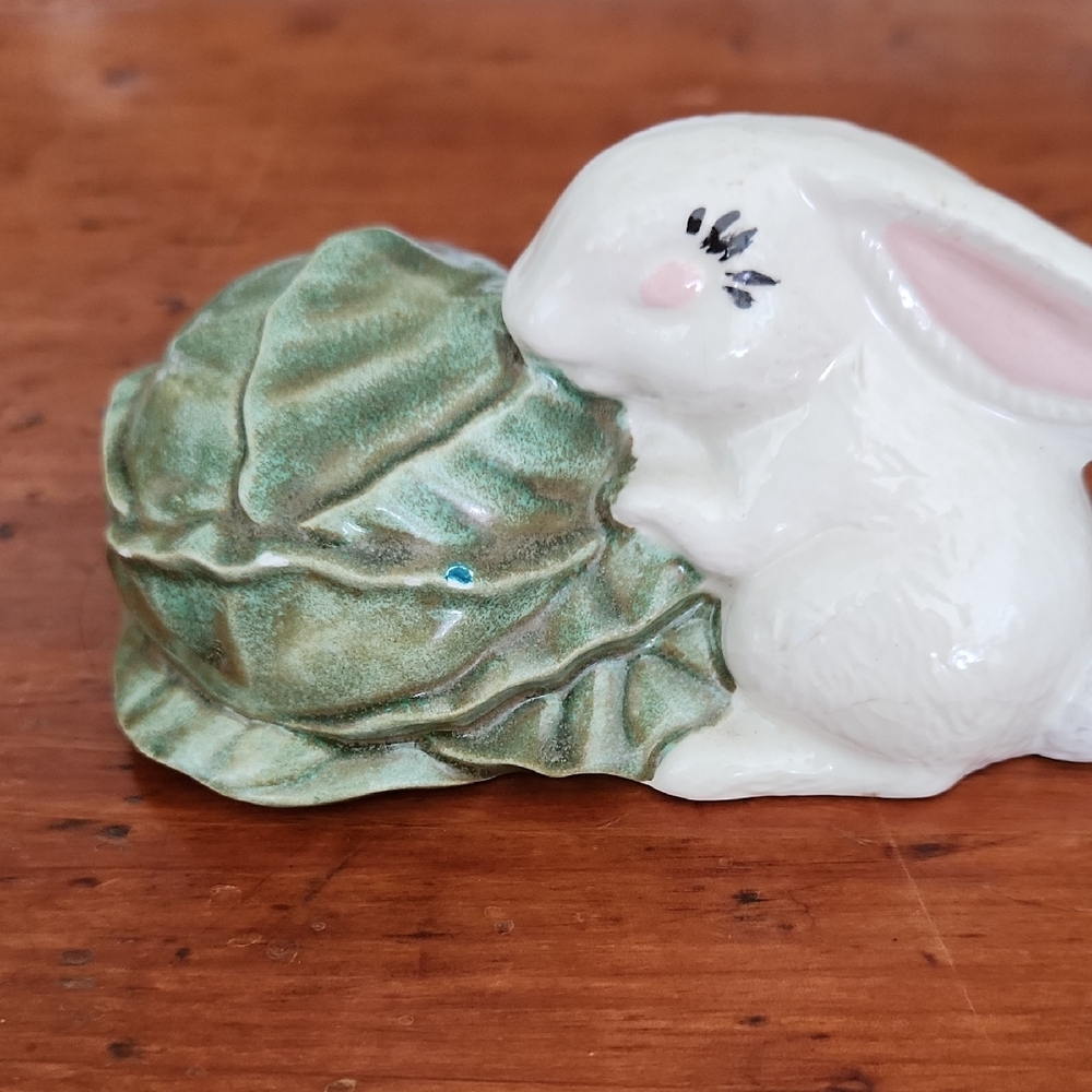 Charming Vintage White Bunny with Green Cabbage Figurine